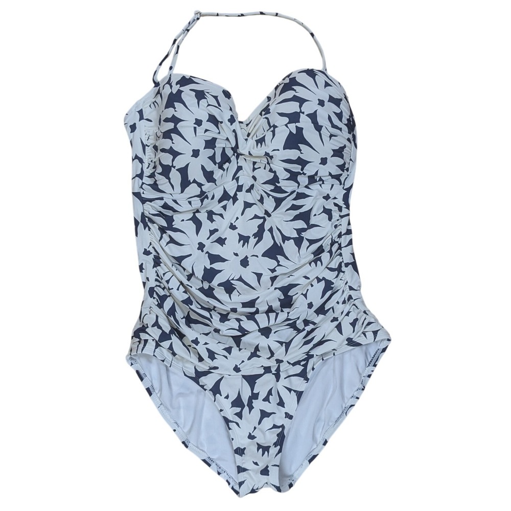 Anne Cole One Piece Swimsuit Navy Floral Print Halter‎ Ruched Women's 16